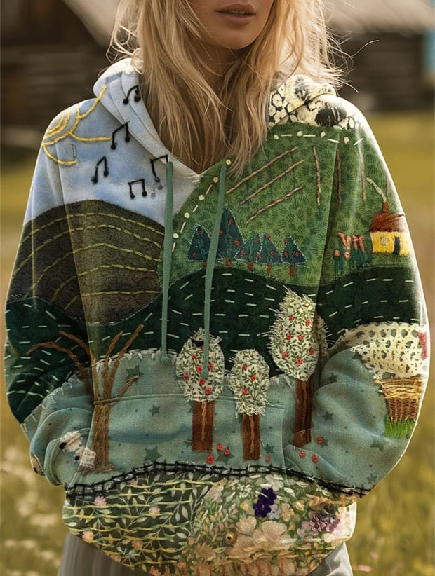 Women's Rustic Patchwork Farm Art Print Casual Hooded Pocket Drawstring Sweatshirt