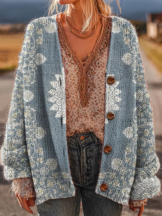 Women's Vintage Light Blue National Style Flowers Art Print Casual V Neck Top Knitting