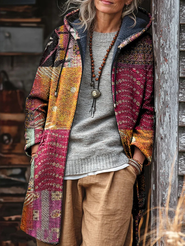 Unisex Bohemian Patchwork Art Print Casual Fleece Long Coat