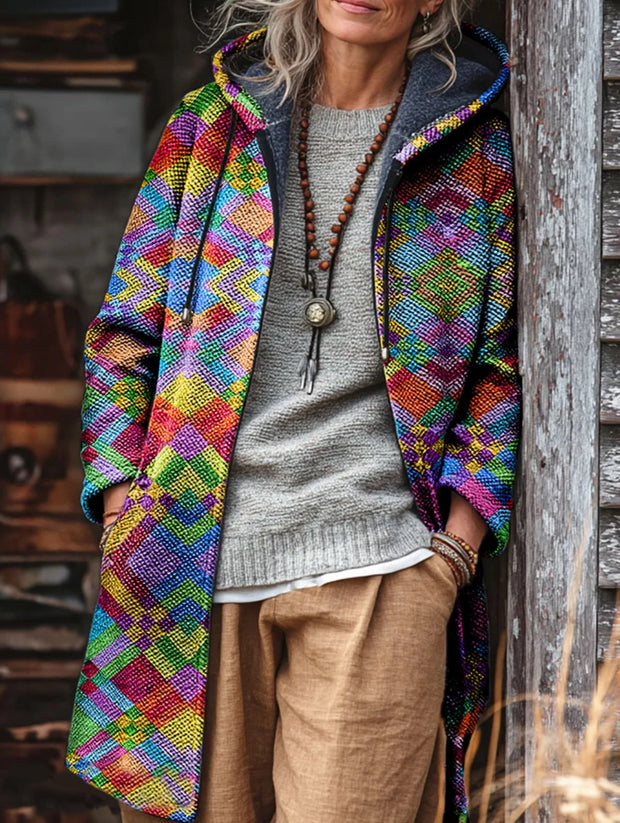 Unisex Colorful Geometric Art Print Fleece-Lined Thickened Long-Sleeve Knit Cardigan Jacket