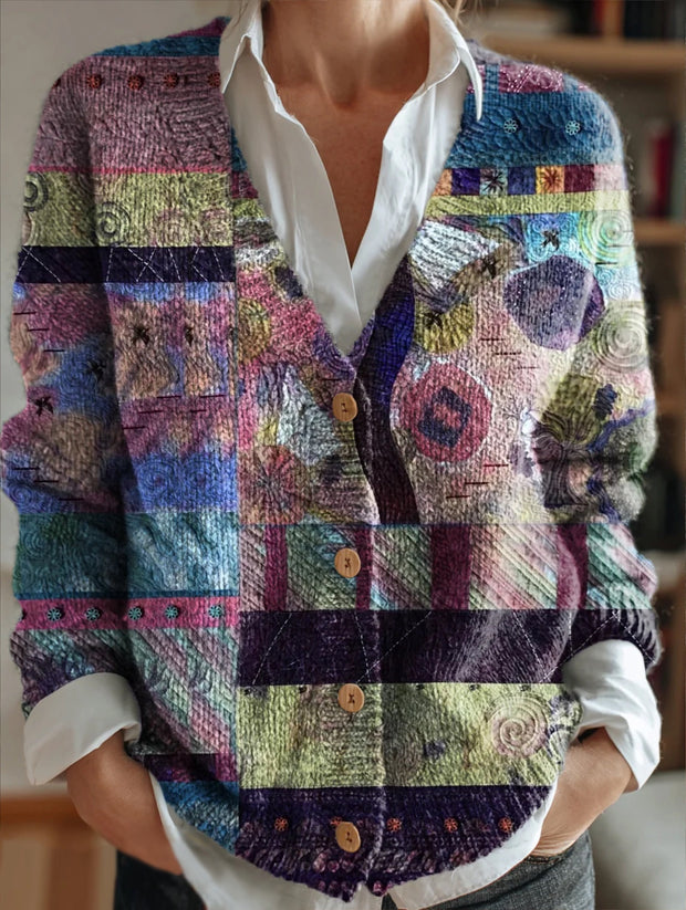 Women's Fresh Floral Patchwork Art Print Casual Versatile V-Neck Cardigan