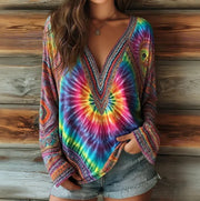 Women's Striped Art Print Casual V-Neck Long Sleeve Top