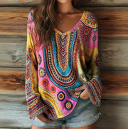 Women's Striped Art Print Casual V-Neck Long Sleeve Top