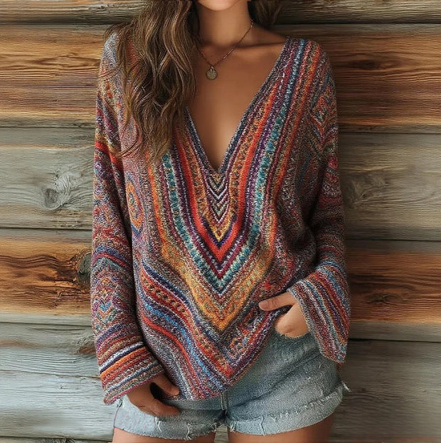 Women's Striped Art Print Casual V-Neck Long Sleeve Top