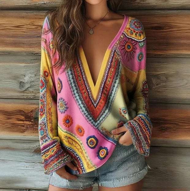 Women's Striped Art Print Casual V-Neck Long Sleeve Top