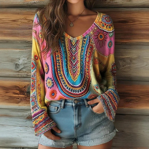 Women's Patchwork Floral Pattern Artistic Print Casual V-Neck Long Sleeve Top