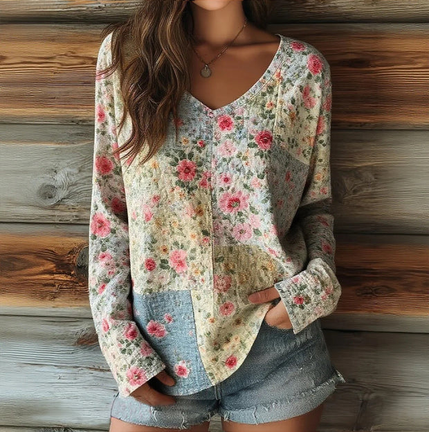 Women's Patchwork Floral Pattern Artistic Print Casual V-Neck Long Sleeve Top