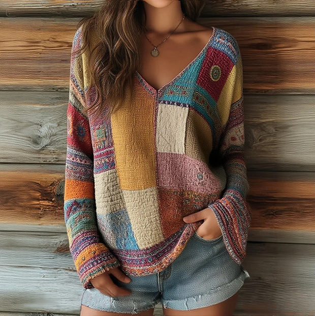 Women's Patchwork Floral Pattern Artistic Print Casual V-Neck Long Sleeve Top