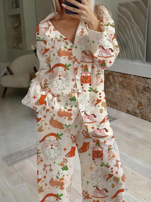 Women's Christmas Santa Claus Pattern Long Sleeve Pants Suit