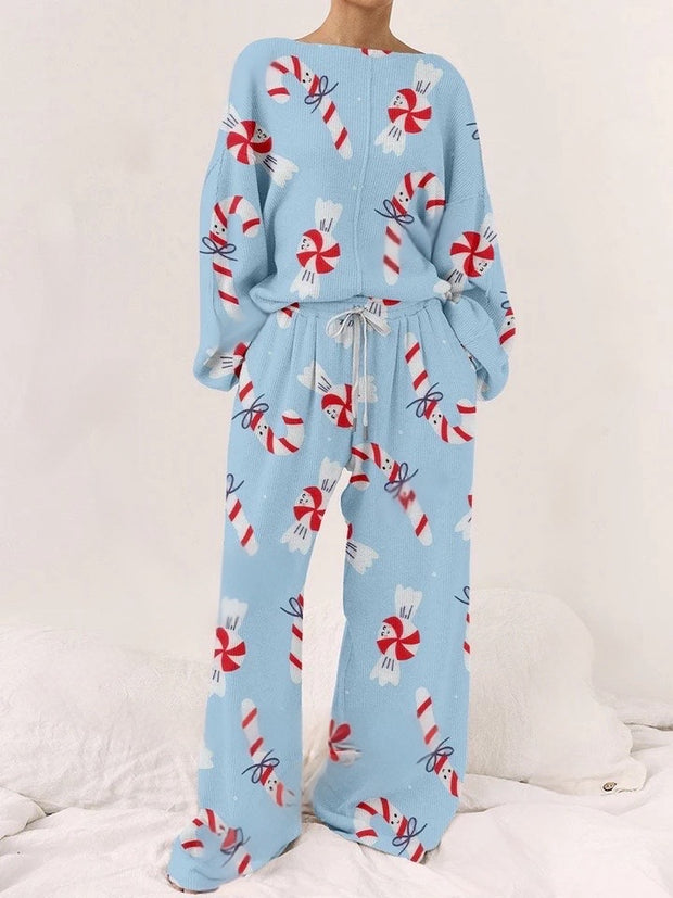 Women's Blue Christmas Candy Print Round Neck Linen Cotton Suit