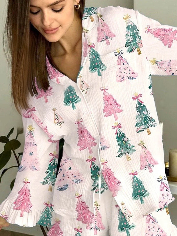 Women's Christmas Tree Bow Furry Pink Polar Fleece Pajama Set