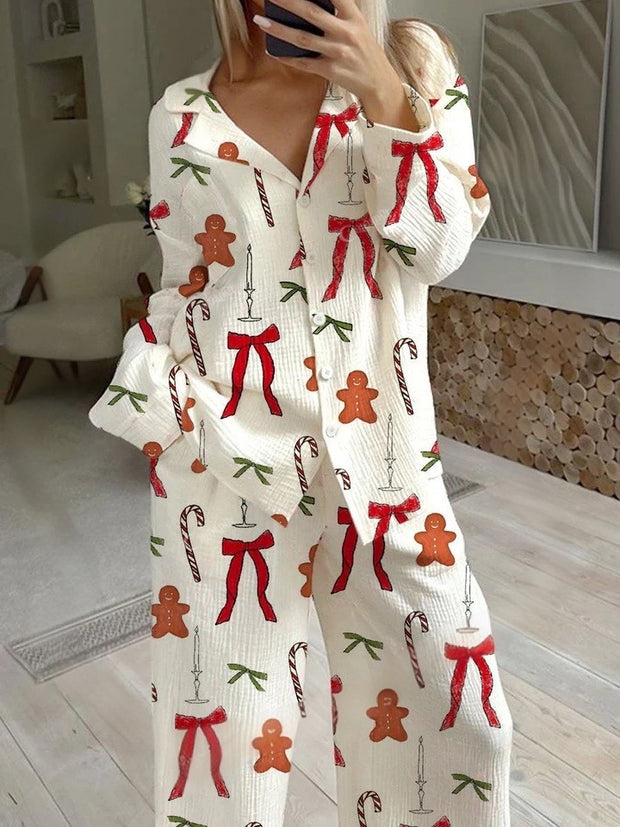 Ladies Christmas Cane Candy and Bow Pajama Set