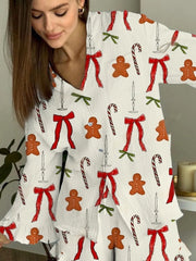 Women's Christmas Cane Candy and Bow Print Linen Cotton Suit