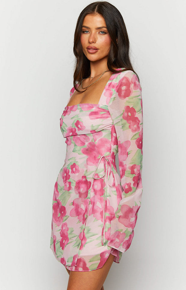 Lucy Pink Floral Print Long Sleeve Mini Dress