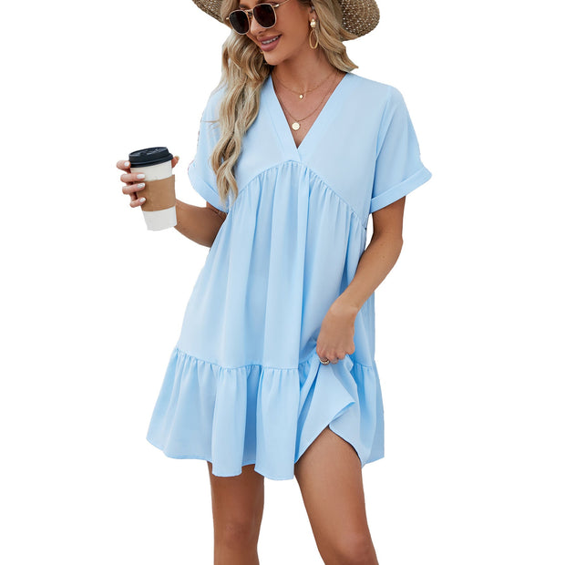 Loose V Neck Solid Color Summer Dresses