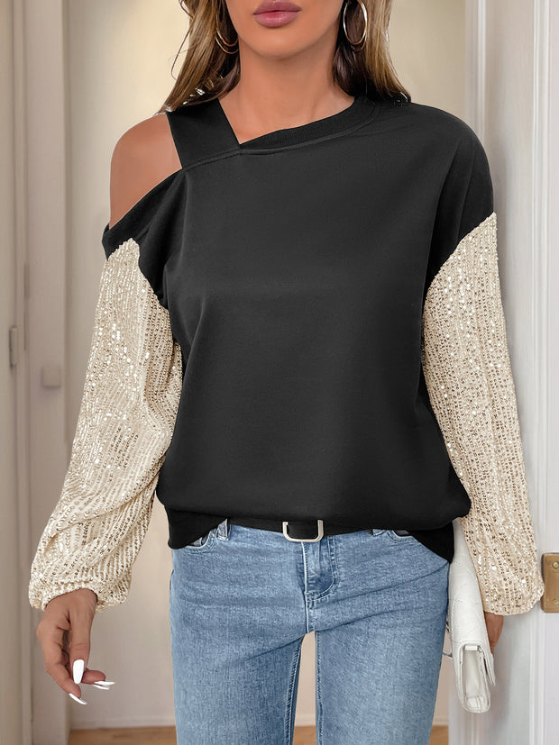 New Long Sleeve Sequined off-Shoulder Multicolor Hoodie Women