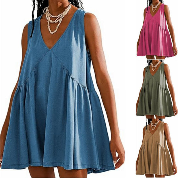 V-neck Sleeveless Pleated Vest Pocket Dresses