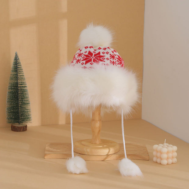 Snowflake Christmas Hat Fashion Hairy Ball Hat Female Winter Fleece Lined Padded Warm Keeping Knitted Hat