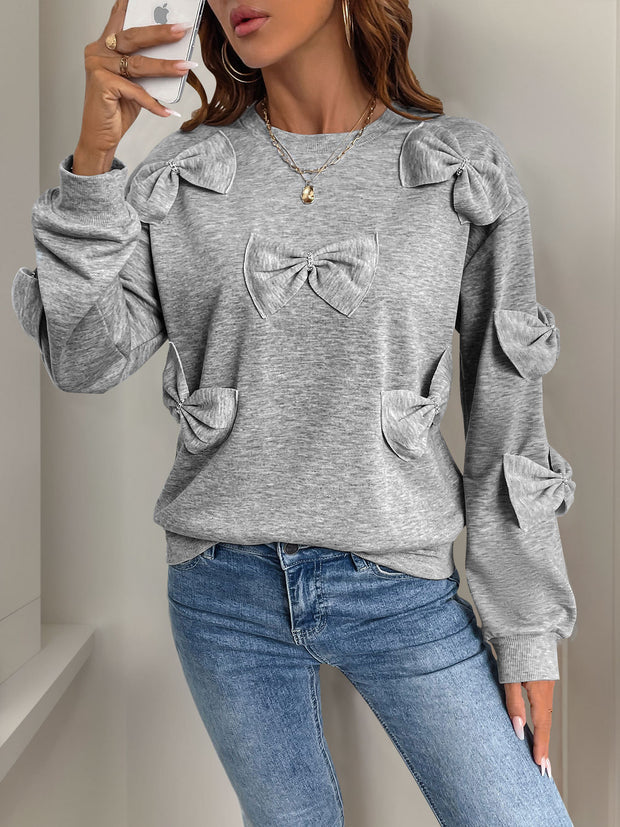 2024 New Casual Bow Stitching Gray round-Collar Sweater