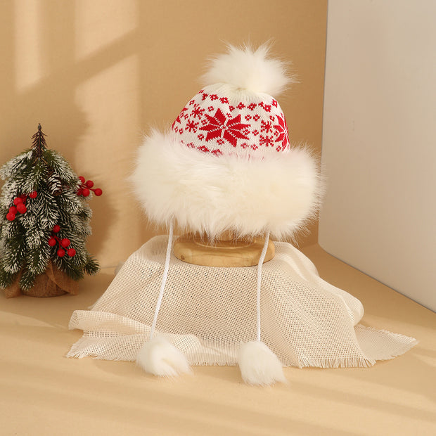 Snowflake Christmas Hat Fashion Hairy Ball Hat Female Winter Fleece Lined Padded Warm Keeping Knitted Hat