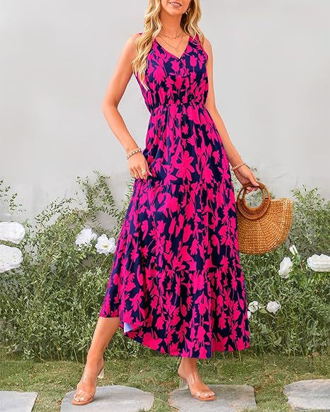 V-neck Elastic Waist Printed Casual Sleeveless Long Dresses