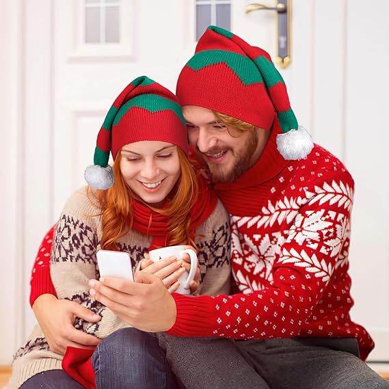 Party Hat Christmas Hat Fluffy Ball Cap Red and Green Striped Warm Hat Parent-Child Hat Santa Claus Hat