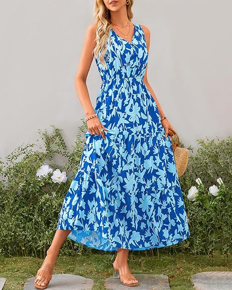 V-neck Elastic Waist Printed Casual Sleeveless Long Dresses