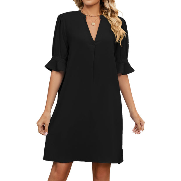 Solid Color V Neck Loose Pleated Dresses for Women