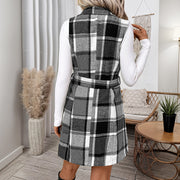 Classic Plaid Vest Coat High-Grade Lace-up Tight Waist Suit Collar Sleeveless Long Vest for Women