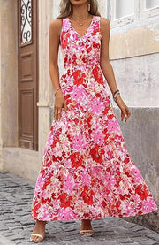 V-neck Elastic Waist Printed Casual Sleeveless Long Dresses