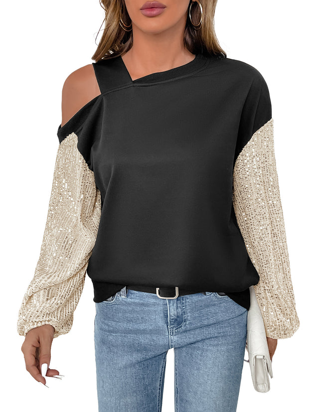 New Long Sleeve Sequined off-Shoulder Multicolor Hoodie Women