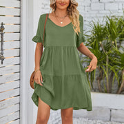 Loose Casual V-neck Short Sleeve Pleated Dresses