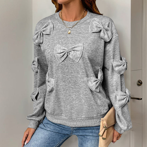 2024 New Casual Bow Stitching Gray round-Collar Sweater