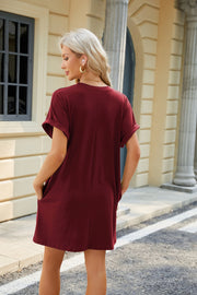 Women Solid Color Round Neck Pocket Loose Short Sleeve Summer Dresses