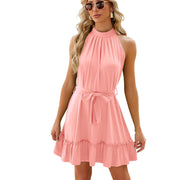 Solid Color Halter Tie Waist Short Dresses