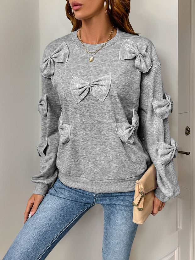 2024 New Casual Bow Stitching Gray round-Collar Sweater