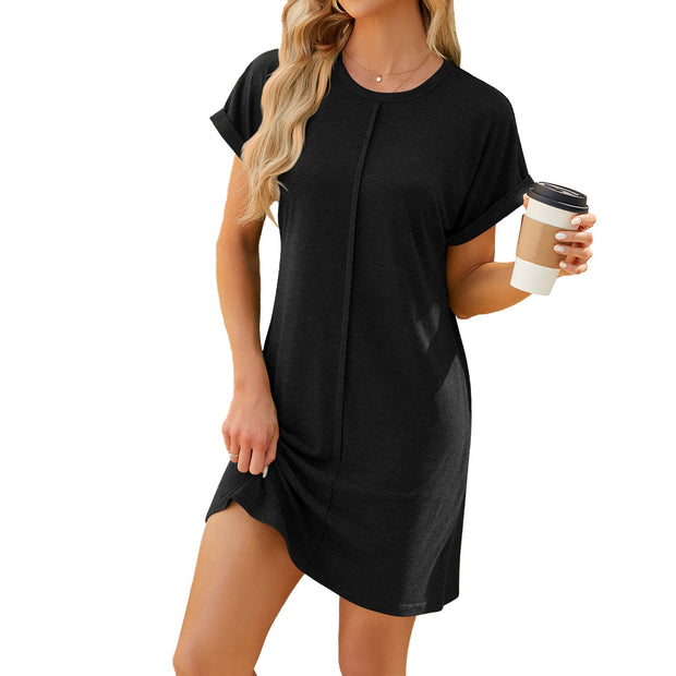 Women Round Neck Loose Solid Color Short Sleeve Summer Dresses