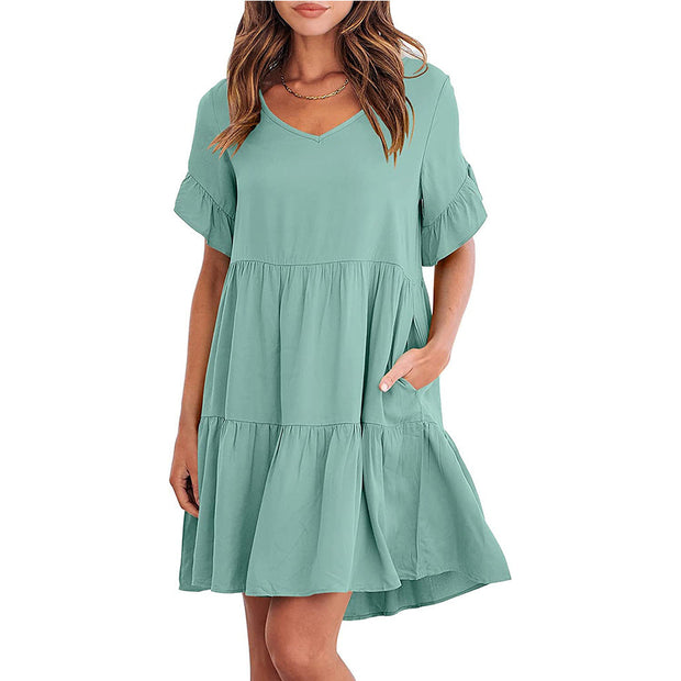 Loose Casual V-neck Short Sleeve Pleated Dresses