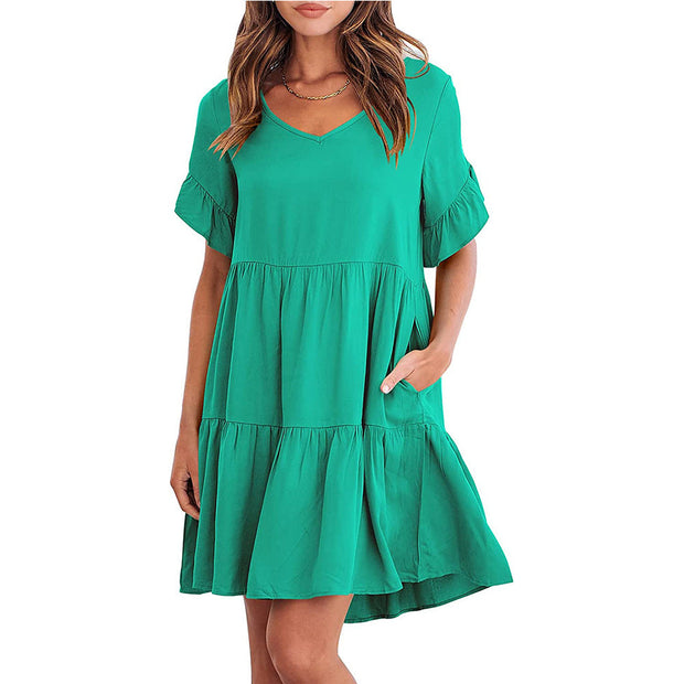 Loose Casual V-neck Short Sleeve Pleated Dresses