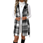 Classic Plaid Vest Coat High-Grade Lace-up Tight Waist Suit Collar Sleeveless Long Vest for Women