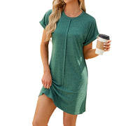 Women Round Neck Loose Solid Color Short Sleeve Summer Dresses