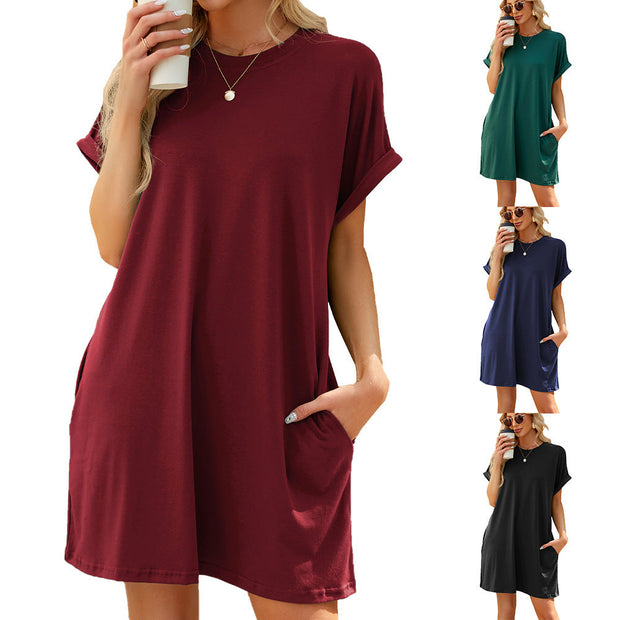 Women Solid Color Round Neck Pocket Loose Short Sleeve Summer Dresses