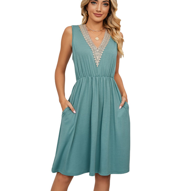 V Neck Lace Sleeveless Summer Dresses