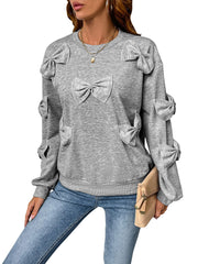 2024 New Casual Bow Stitching Gray round-Collar Sweater