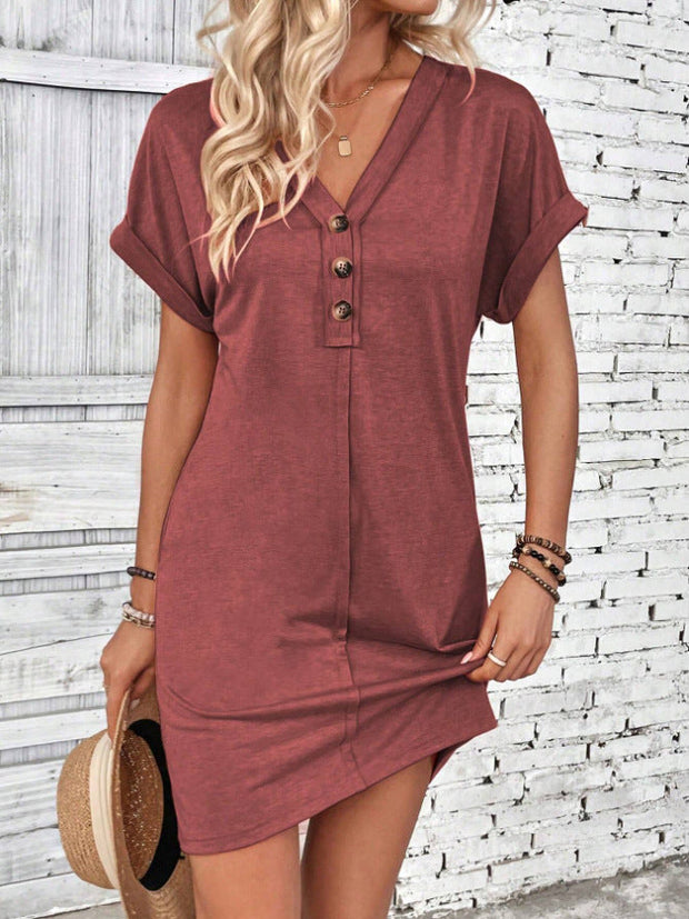 V Neck Button Short Sleeve Summer Casual Dresses