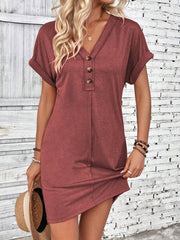 V Neck Button Short Sleeve Summer Casual Dresses