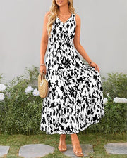 V-neck Elastic Waist Printed Casual Sleeveless Long Dresses