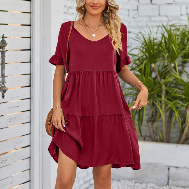 Loose Casual V-neck Short Sleeve Pleated Dresses