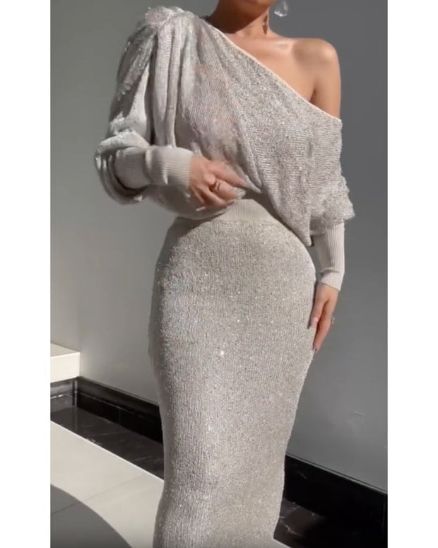 Off Shoulder Knitted Sexy Set Two Piece Set