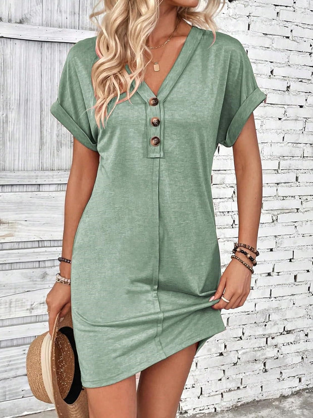 V Neck Button Short Sleeve Summer Casual Dresses